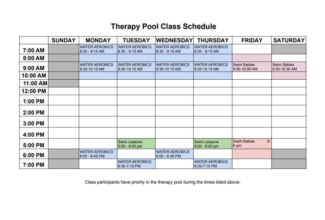 Therapy Pool Schedule