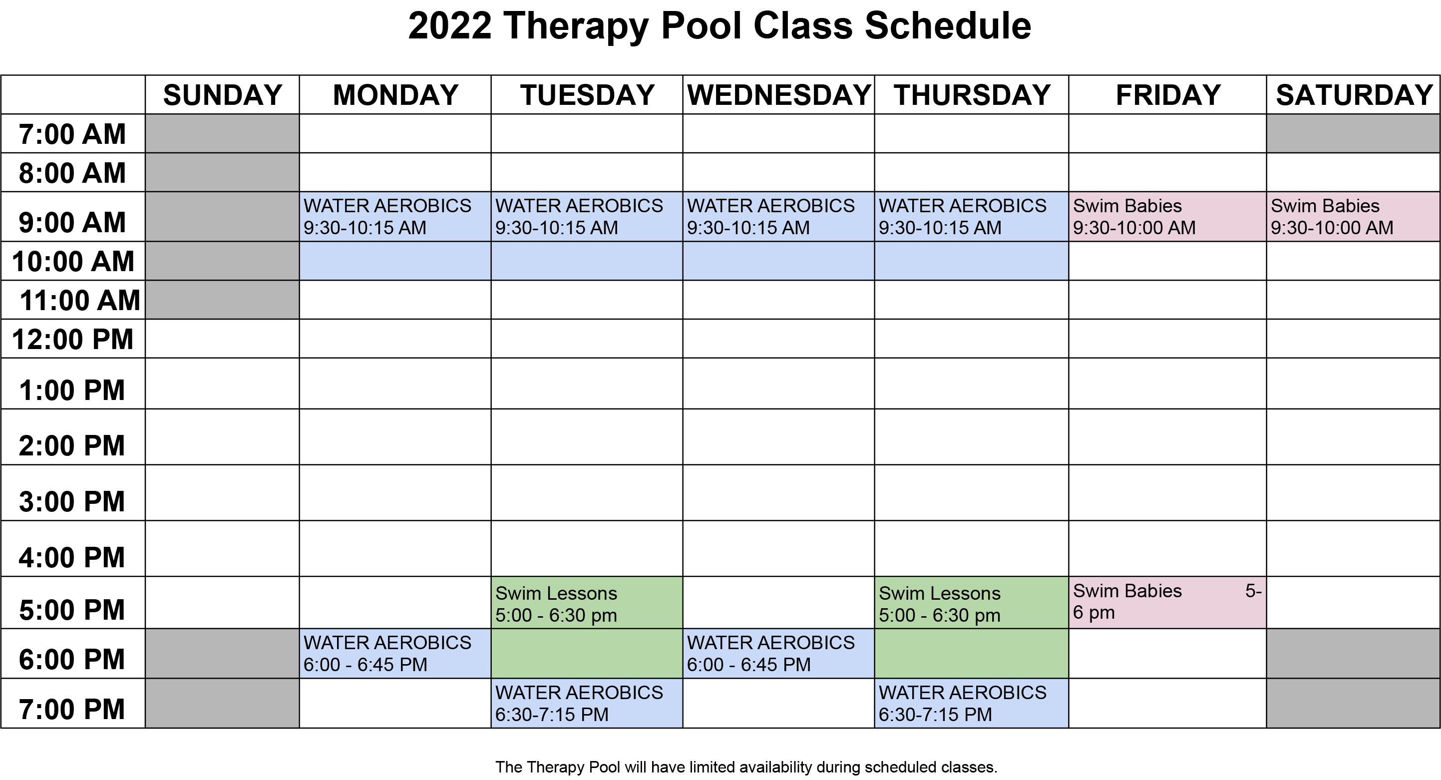 Therapy Pool Schedule